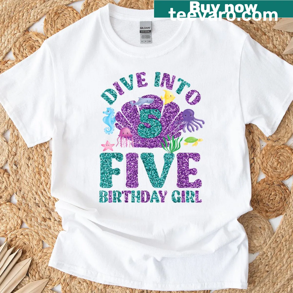 Mermaid-themed t-shirt for 5th birthday celebrations — on a men's t-shirt