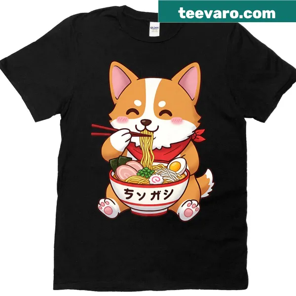 Cartoon dog eating ramen on a playful t-shirt