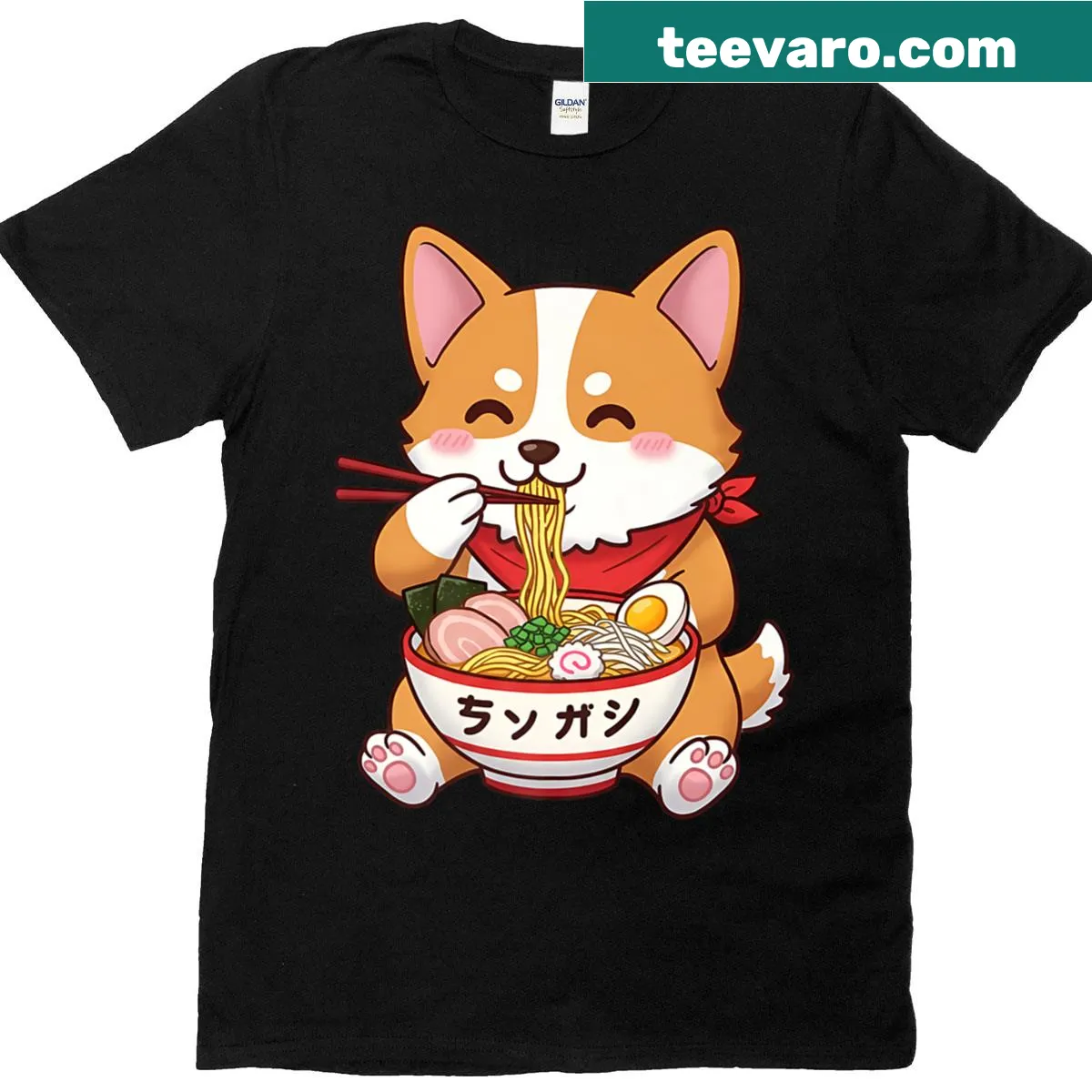 Cartoon dog eating ramen on a playful t-shirt — on a men's t-shirt