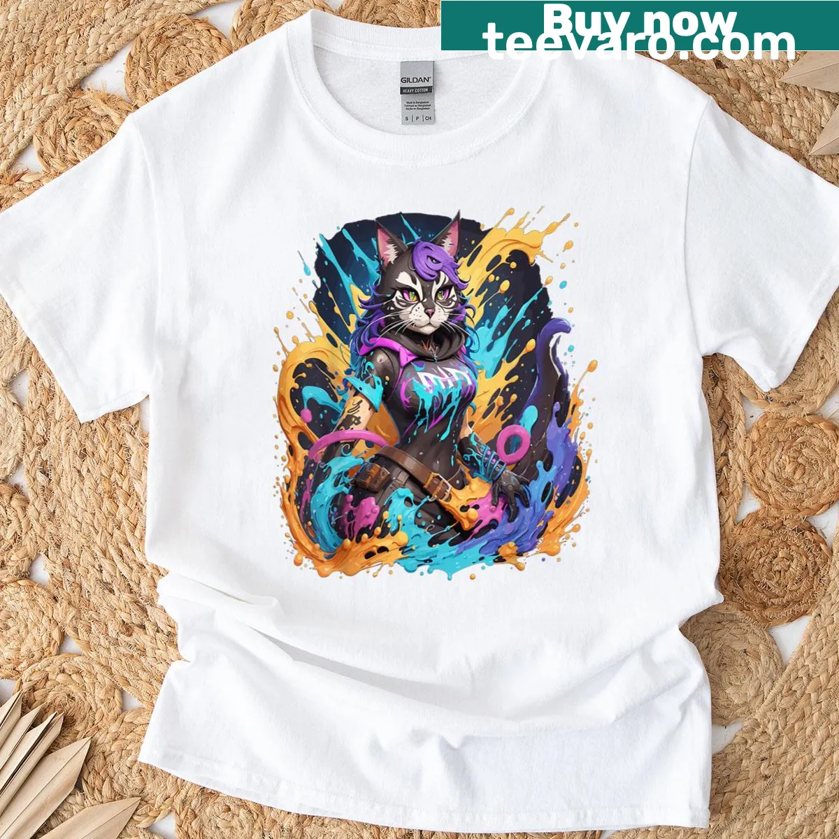 Anime gaming design t-shirt featuring a dynamic cartoon cat — on a men's t-shirt
