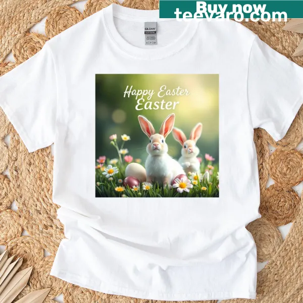 Easter t-shirt featuring playful bunnies with colorful eggs