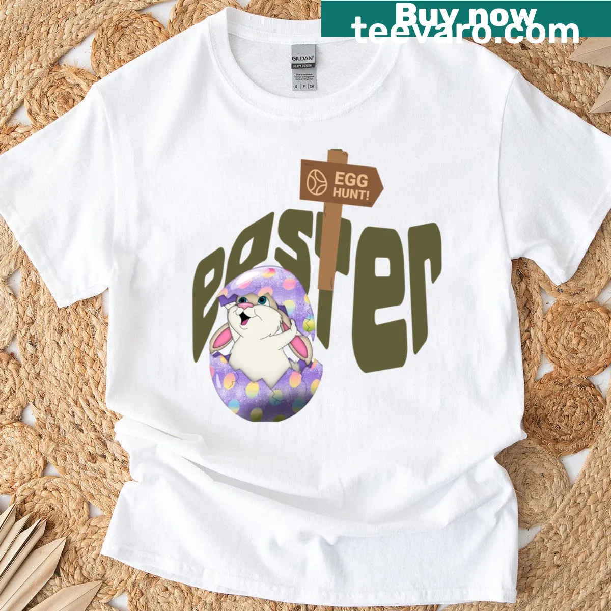 Cute T-shirt with a cartoon rabbit in an Easter egg design — on a men's t-shirt