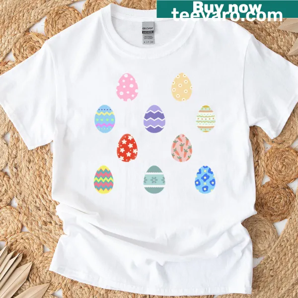 Cute T-shirt featuring a variety of Easter eggs in playful designs