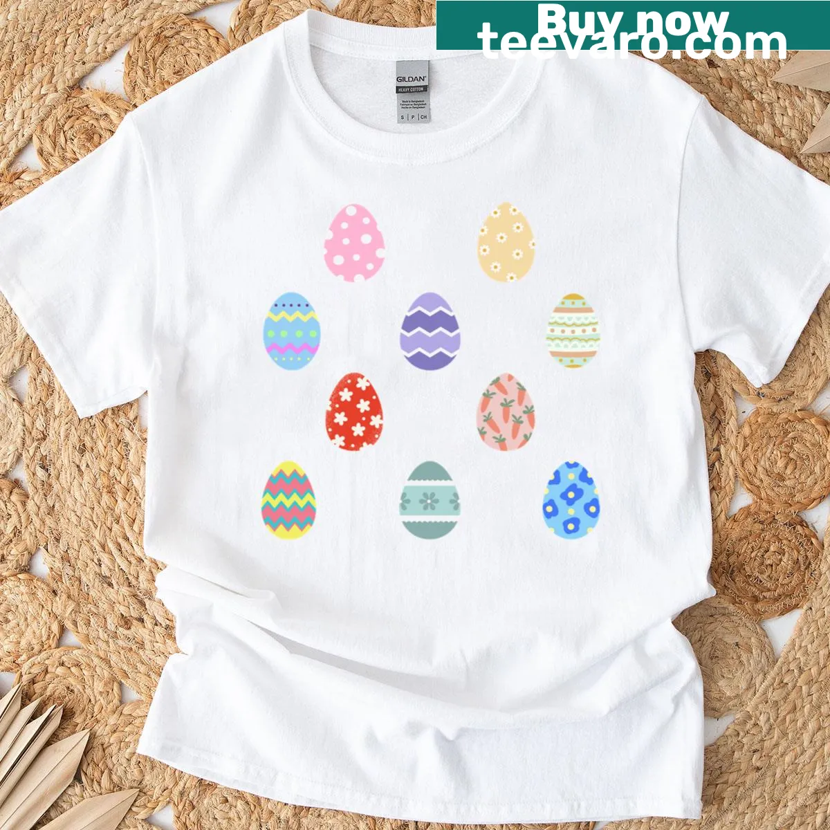 Cute T-shirt featuring a variety of Easter eggs in playful designs — on a men's t-shirt