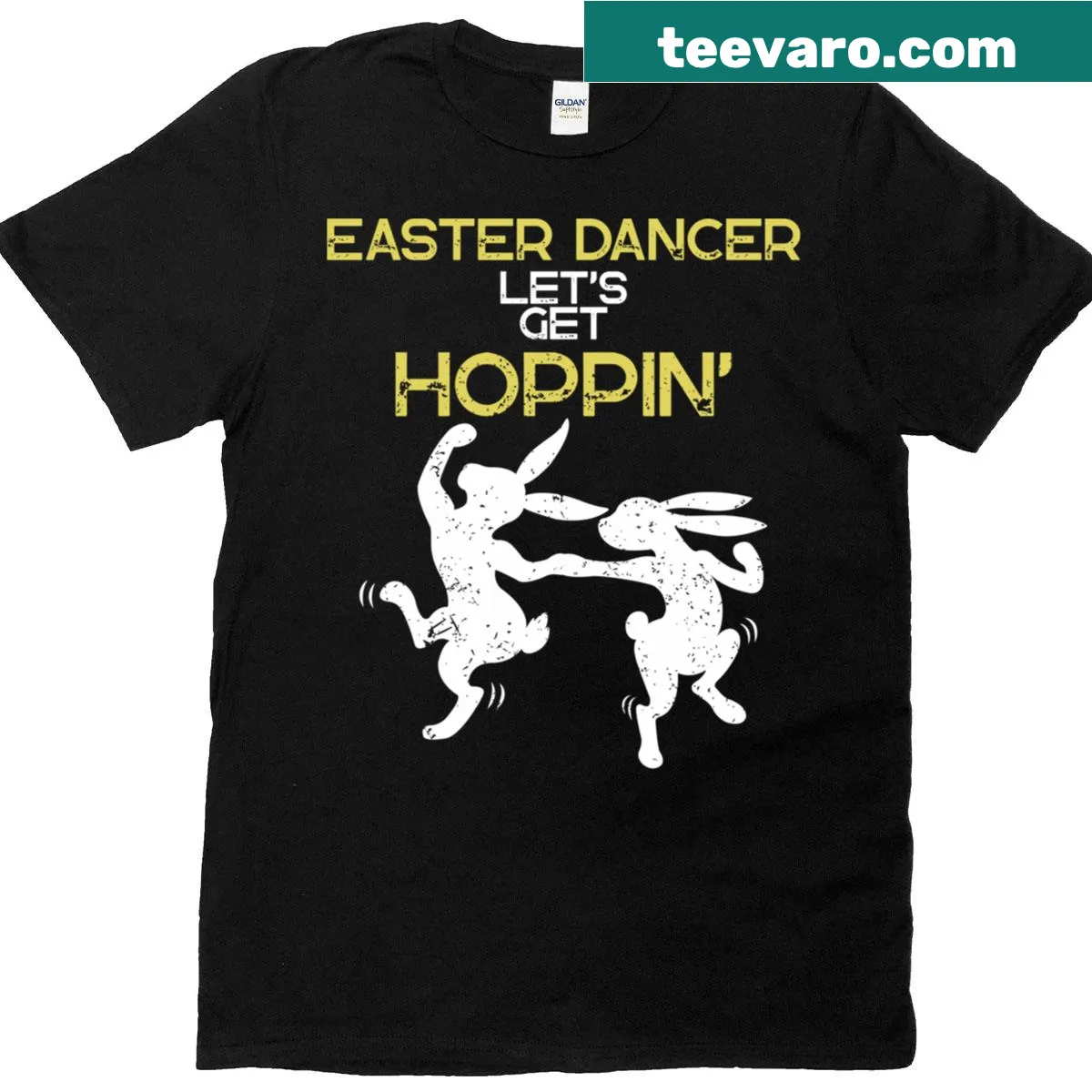 Dancing bunny graphic with 'Let's Get Hoppin' text — on a men's t-shirt