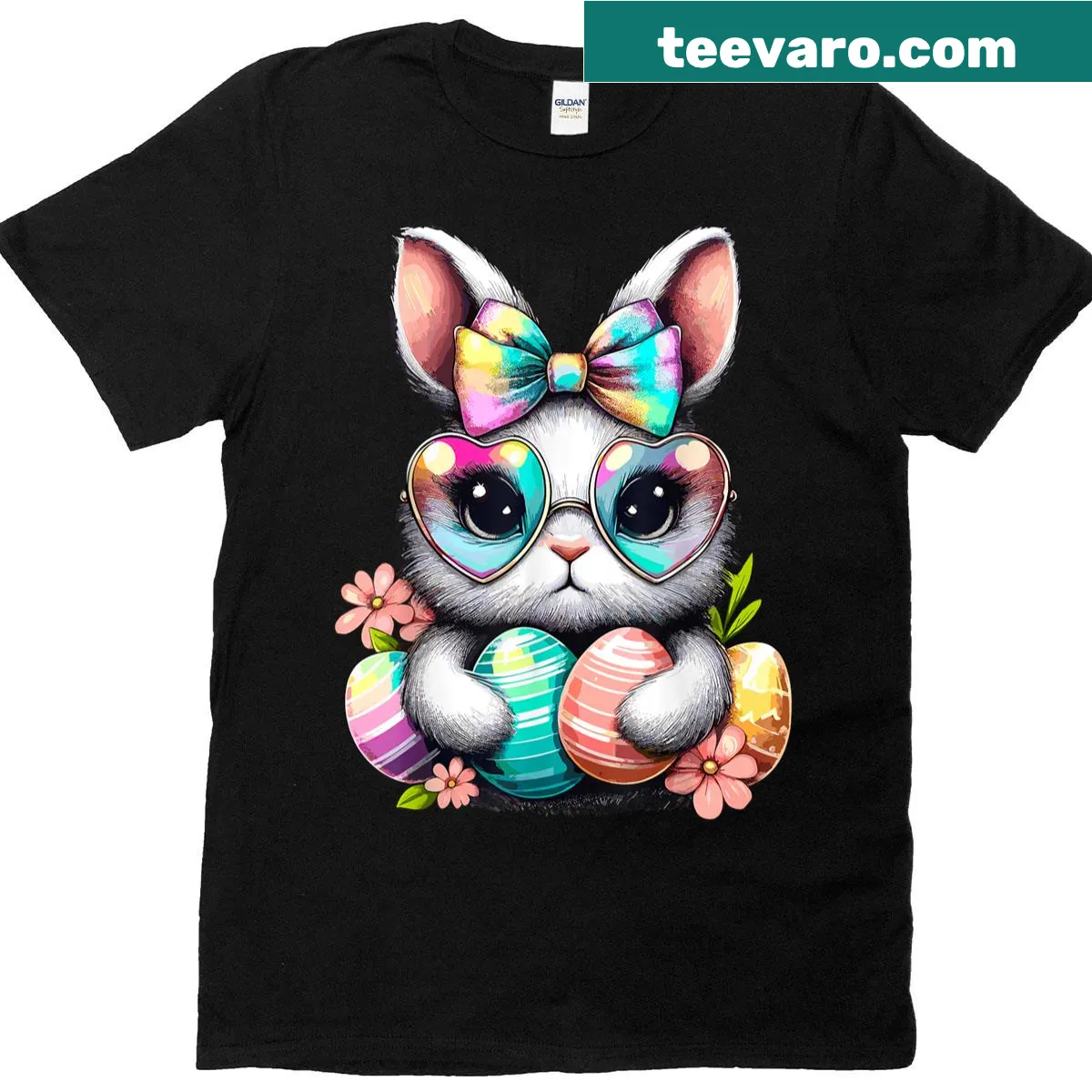 Cute bunny face with eggs graphic on T-shirt — on a men's t-shirt