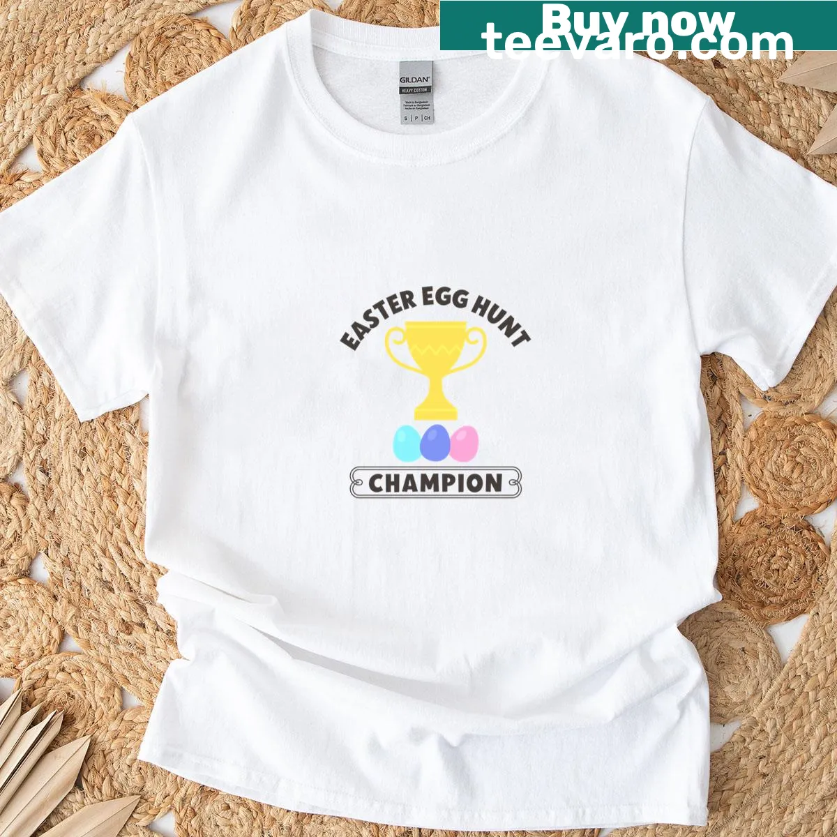 T-shirt with trophy and Easter eggs graphic — on a men's t-shirt