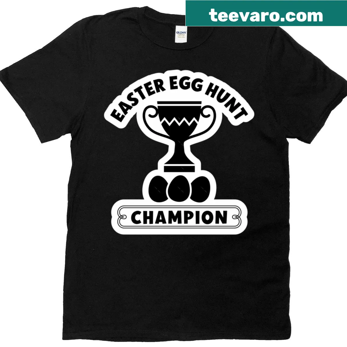 Cartoon trophy graphic on an Easter Egg Hunt Champion t-shirt — on a men's t-shirt