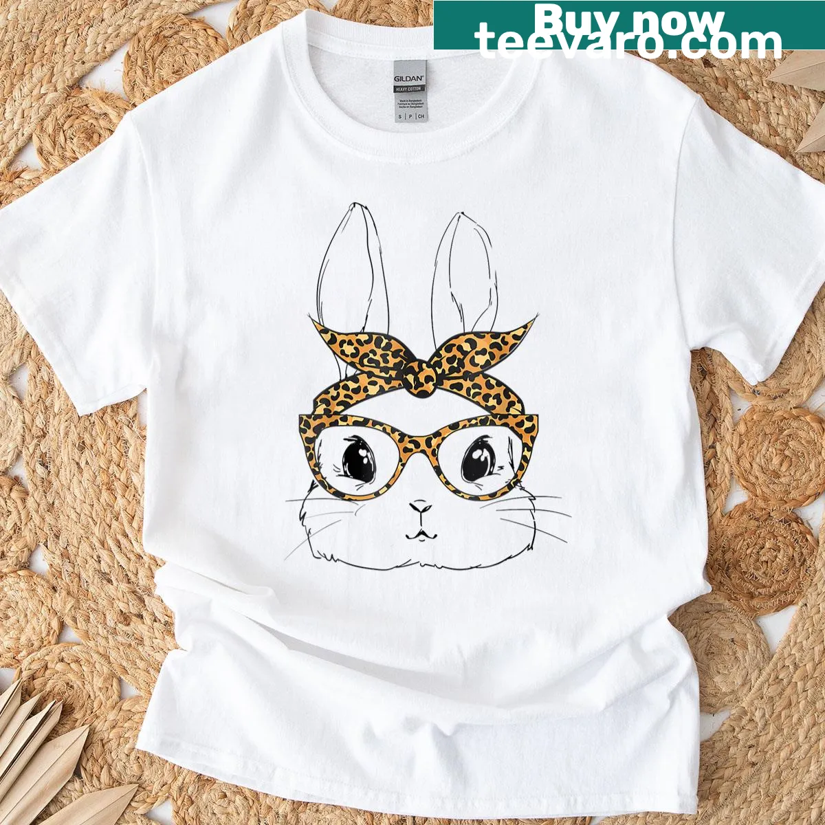 Bunny wearing sunglasses graphic on an Easter-themed T-shirt — on a men's t-shirt