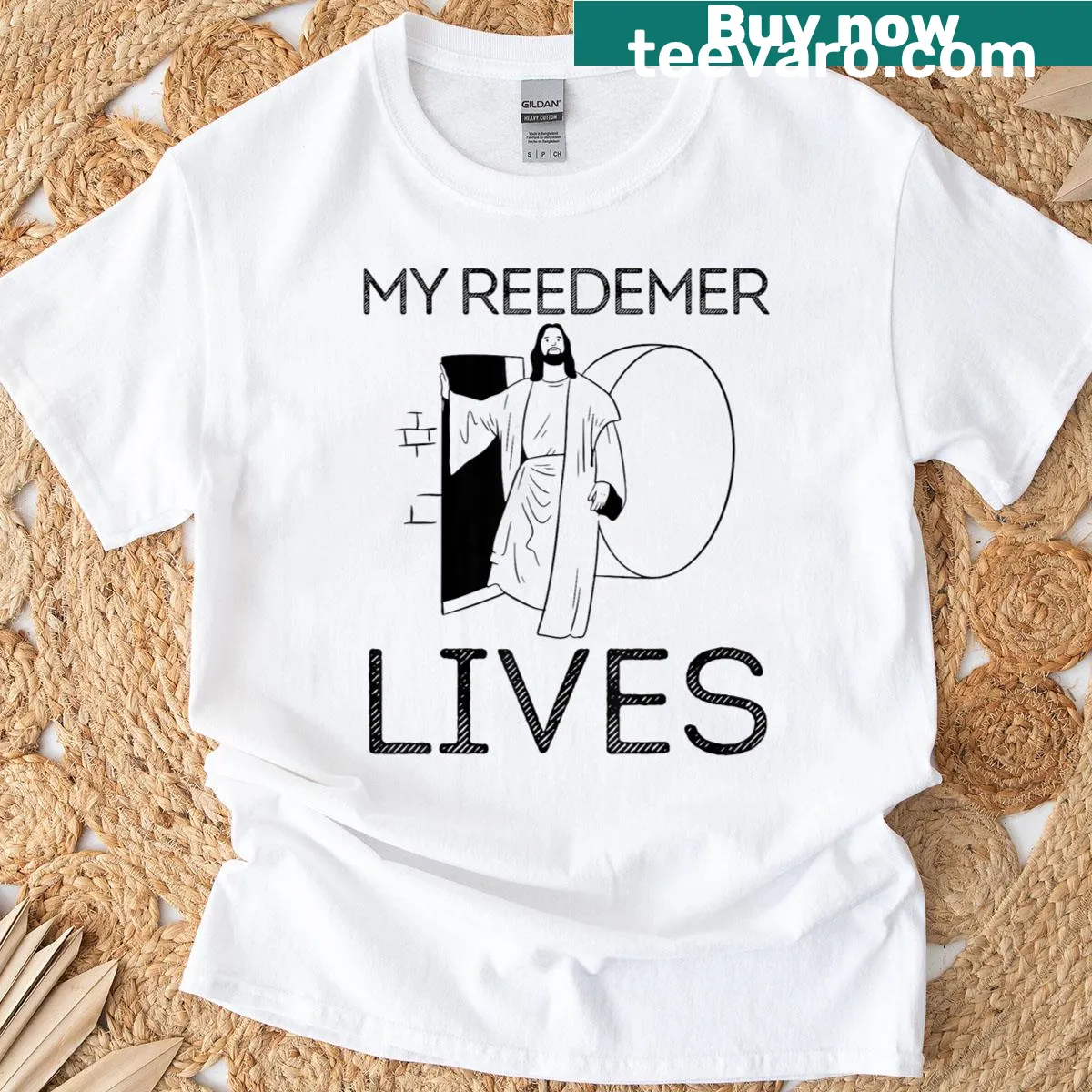 T-shirt illustrating the empty tomb with a message of resurrection for Easter — on a men's t-shirt