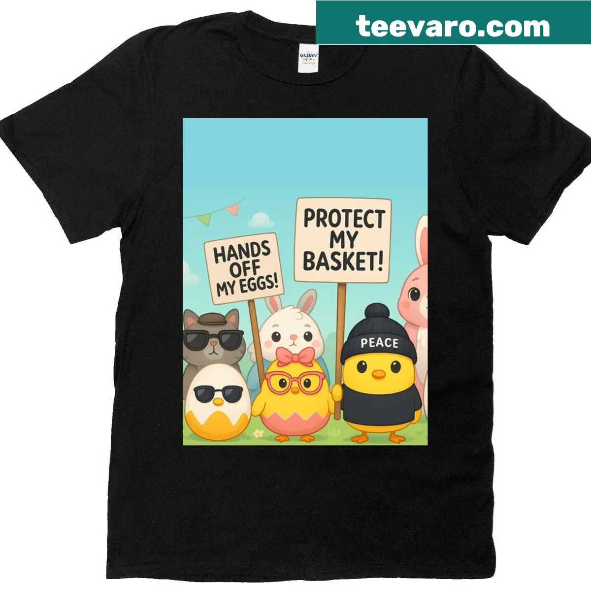 Humorous Easter shirt with 'Hands Off My Eggs' text — on a men's t-shirt
