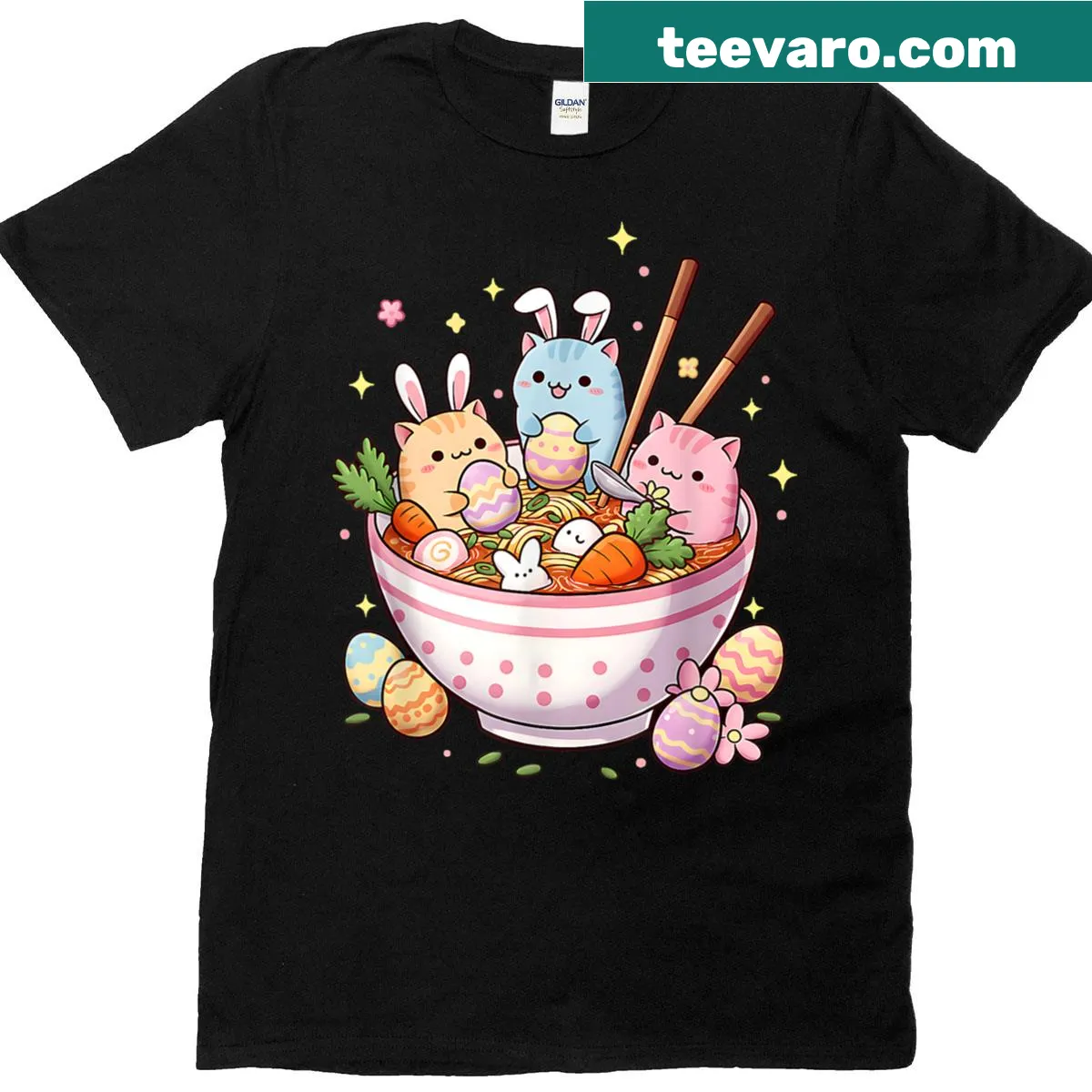 Cute anime cats with ramen for Easter on a women's t-shirt — on a men's t-shirt