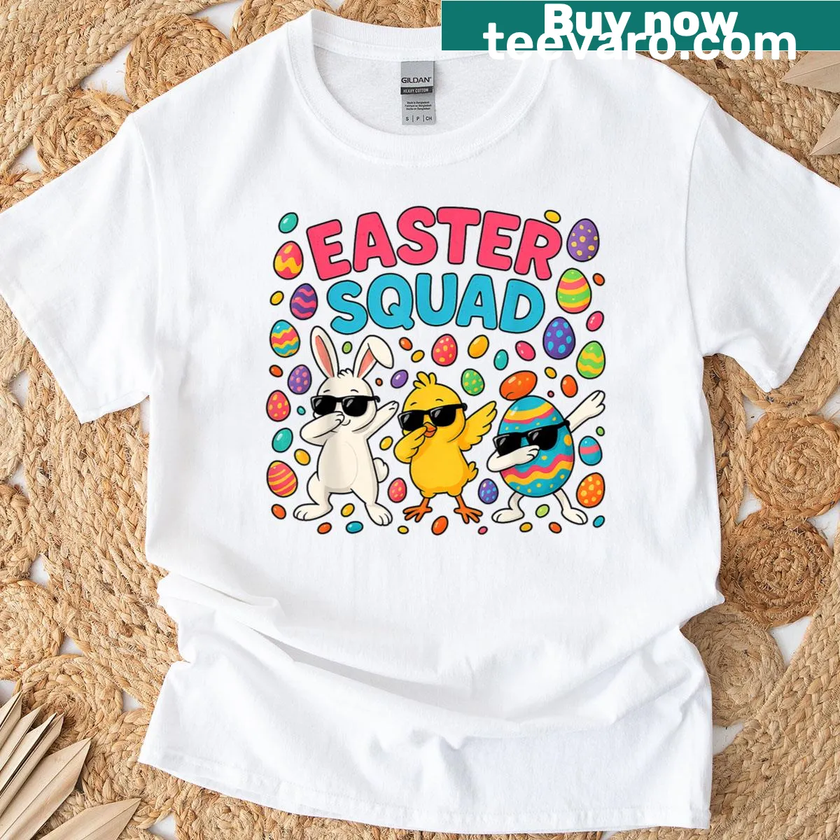 Playful Easter-themed T-shirt with dabbing bunny and chick — on a men's t-shirt