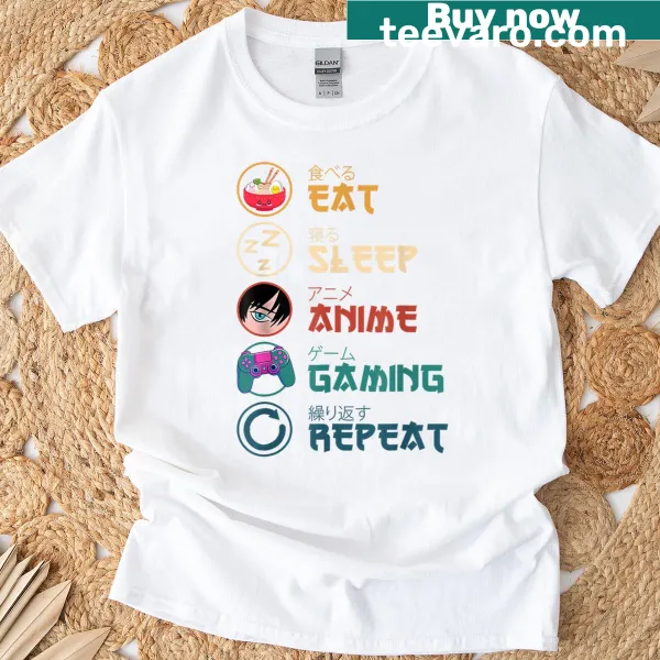 Anime gaming shirt with playful text and manga-inspired graphics