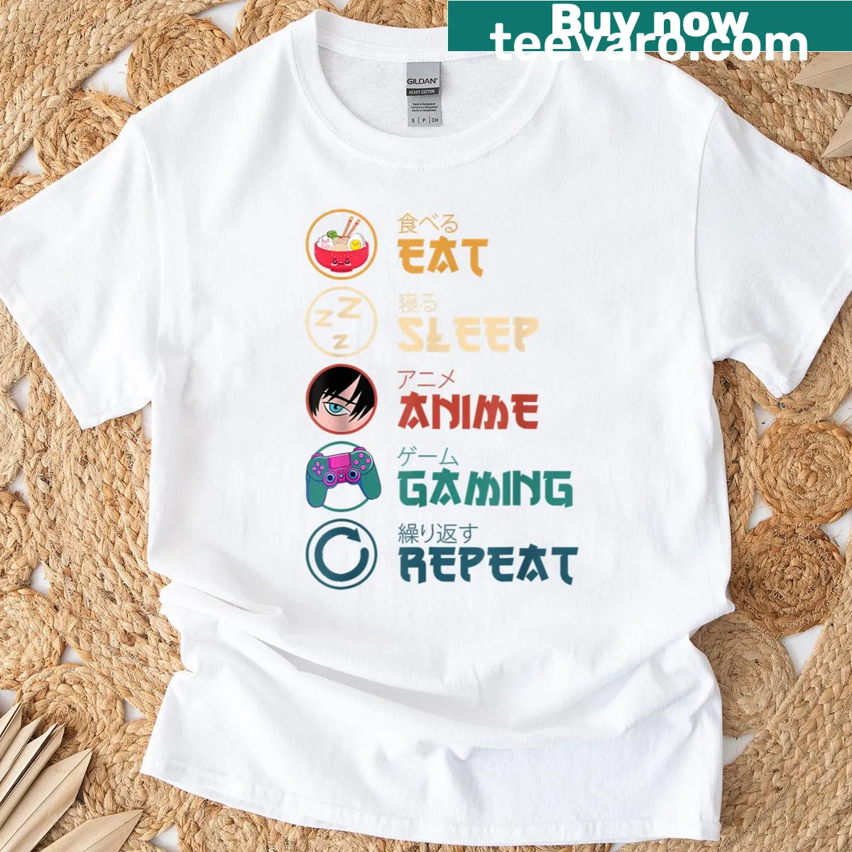 Anime gaming shirt with playful text and manga-inspired graphics — on a men's t-shirt