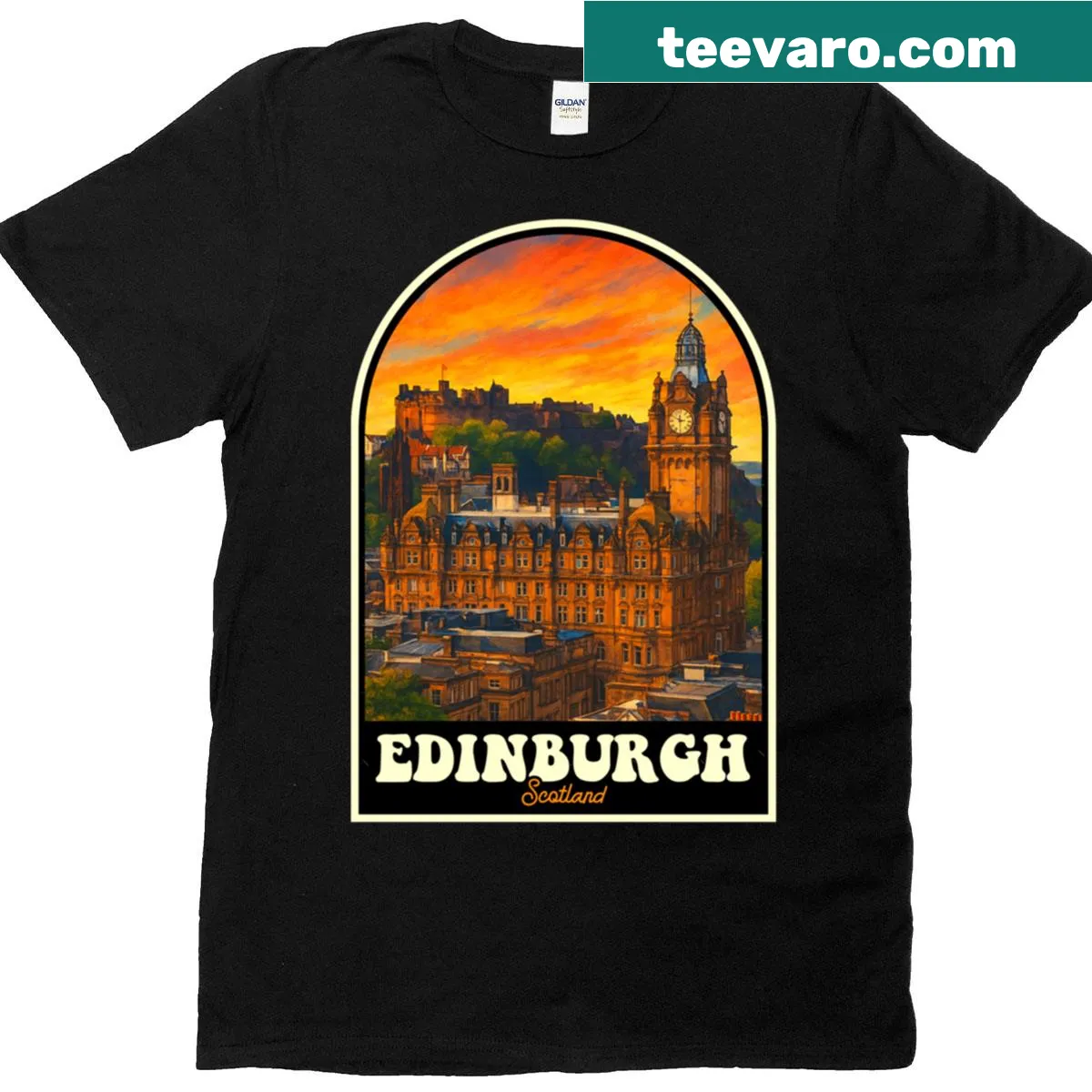 Vintage Edinburgh castle and cityscape illustration on a t-shirt — on a men's t-shirt