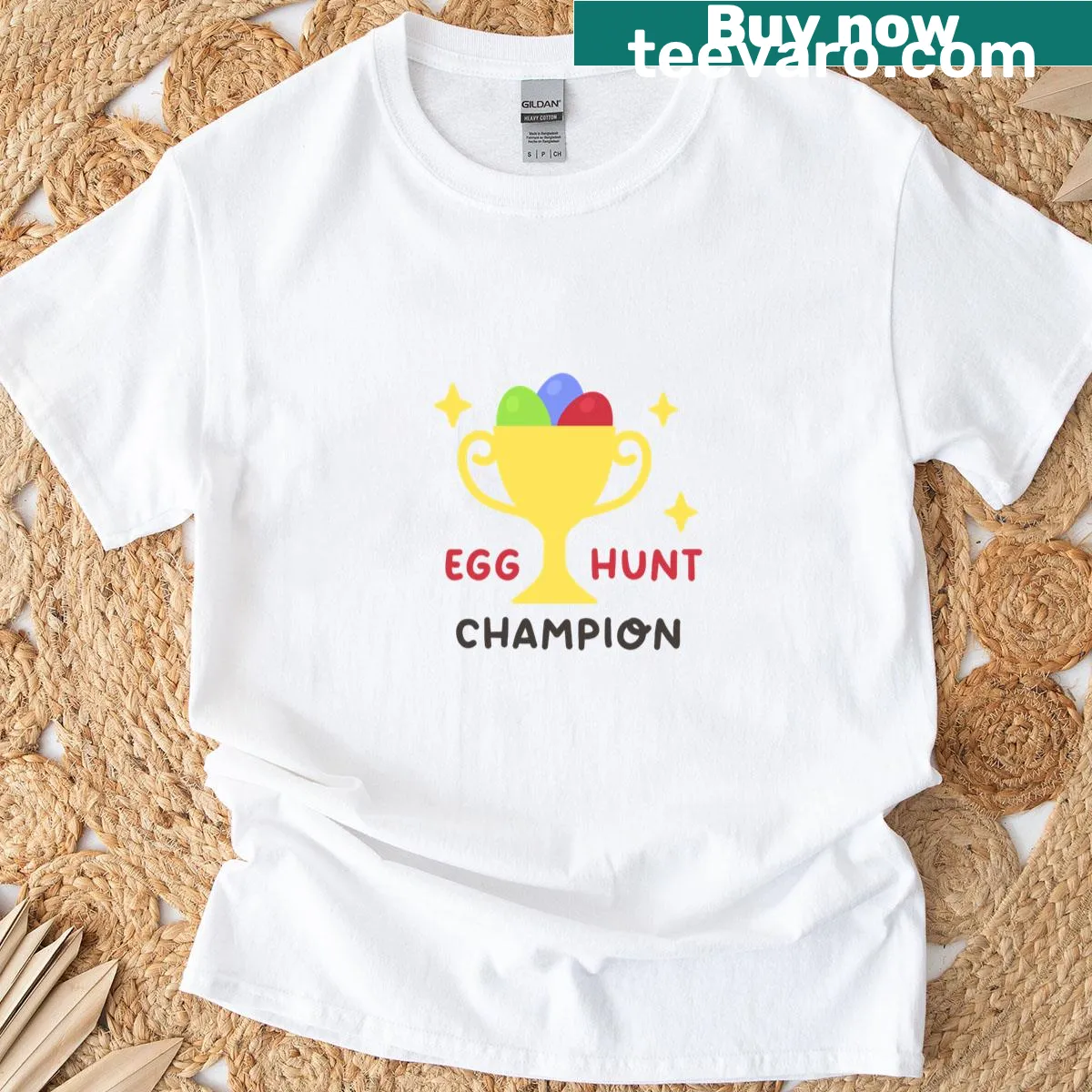 Trophy graphic celebrating Egg Hunt Champion on T-shirt — on a men's t-shirt