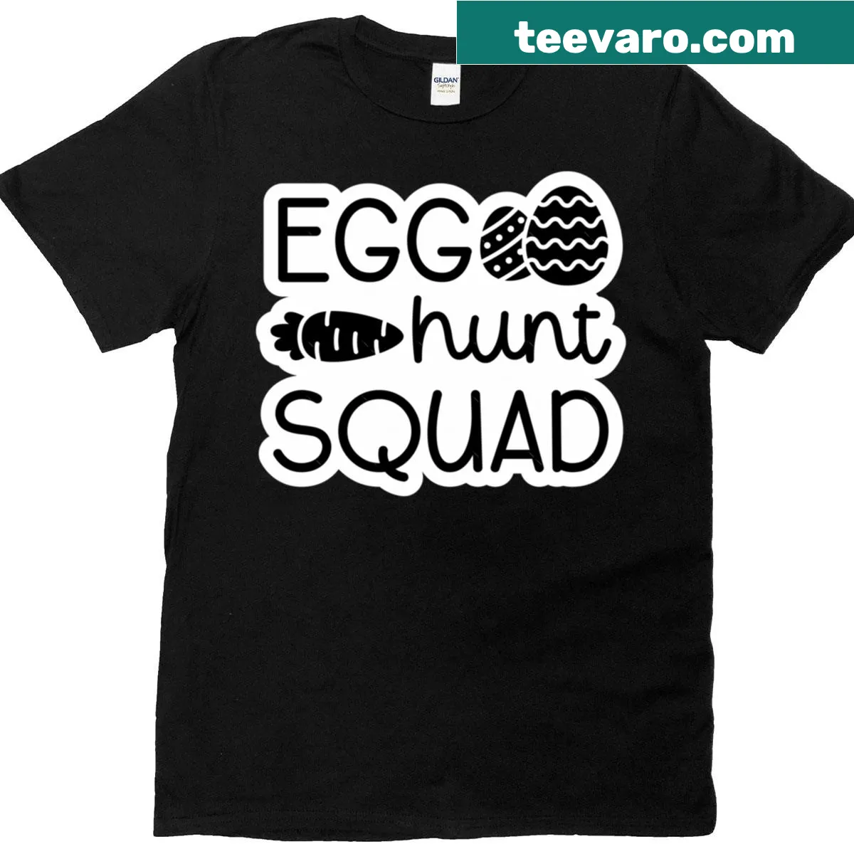 Playful Easter egg hunt graphic T-shirt with eggs and carrot — on a men's t-shirt