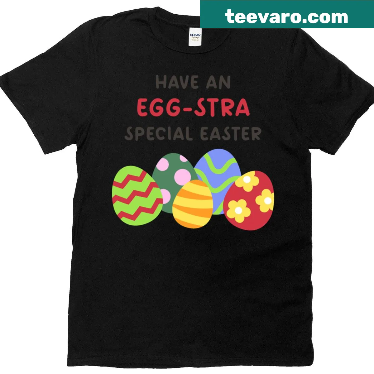 Cute Easter-themed T-shirt with colorful eggs design — on a men's t-shirt