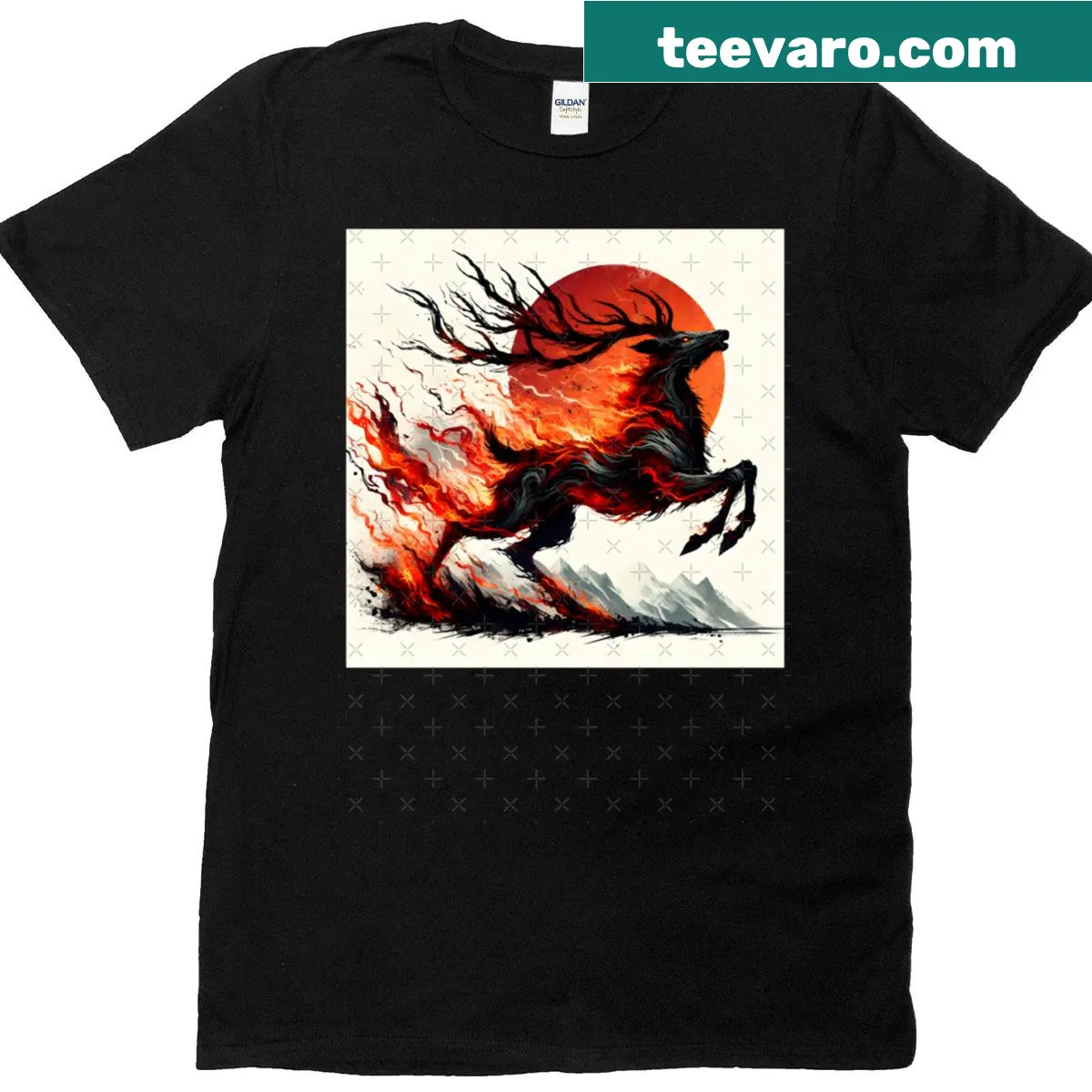 AI-generated art of a deer surrounded by flames on T-shirt — on a men's t-shirt