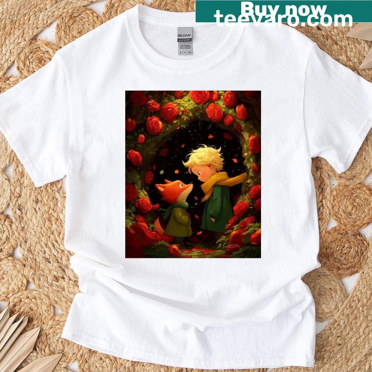 Boy and fox in a garden of roses t-shirt — on a men's t-shirt