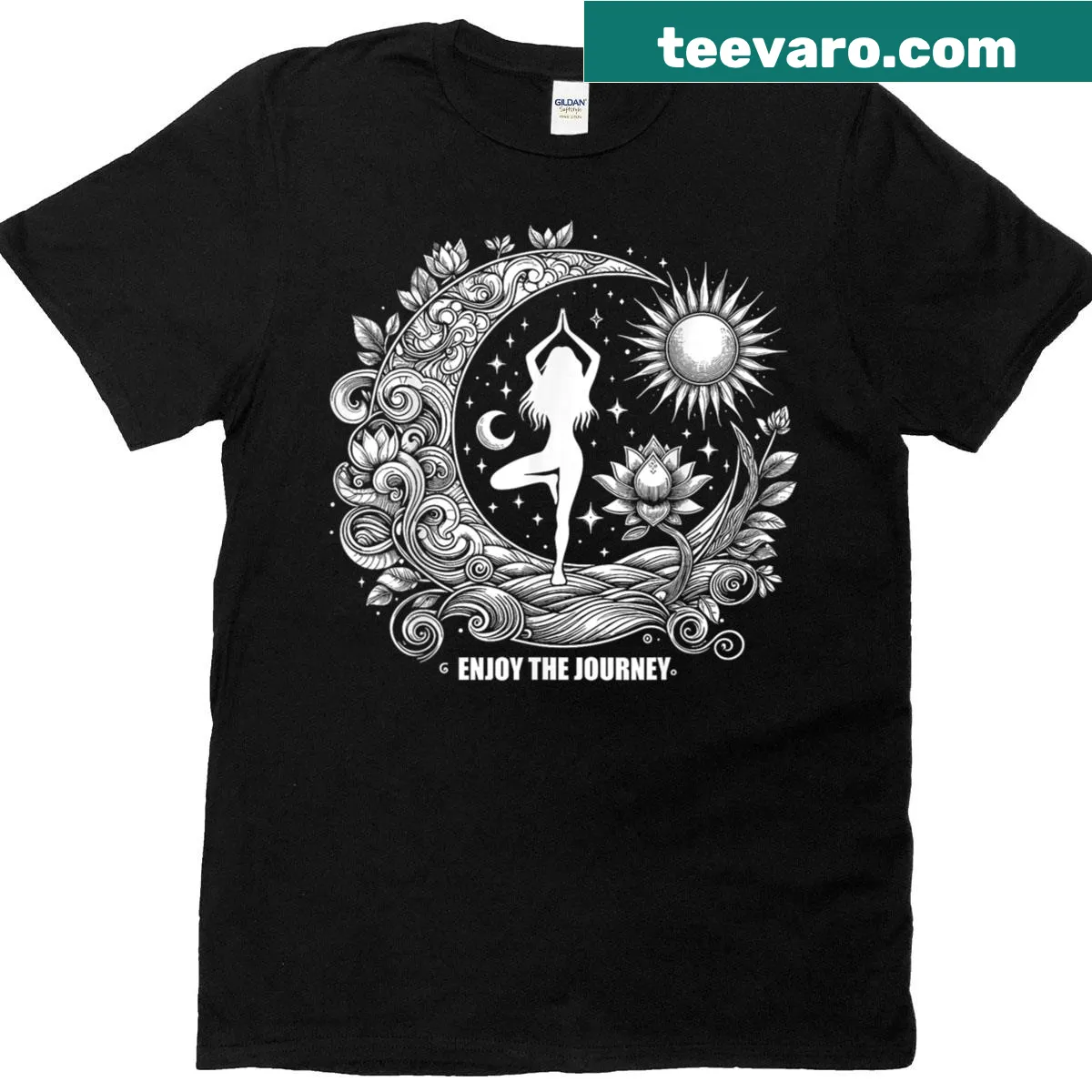 Inspirational Enjoy The Journey graphic on a women's yoga T-shirt — on a men's t-shirt
