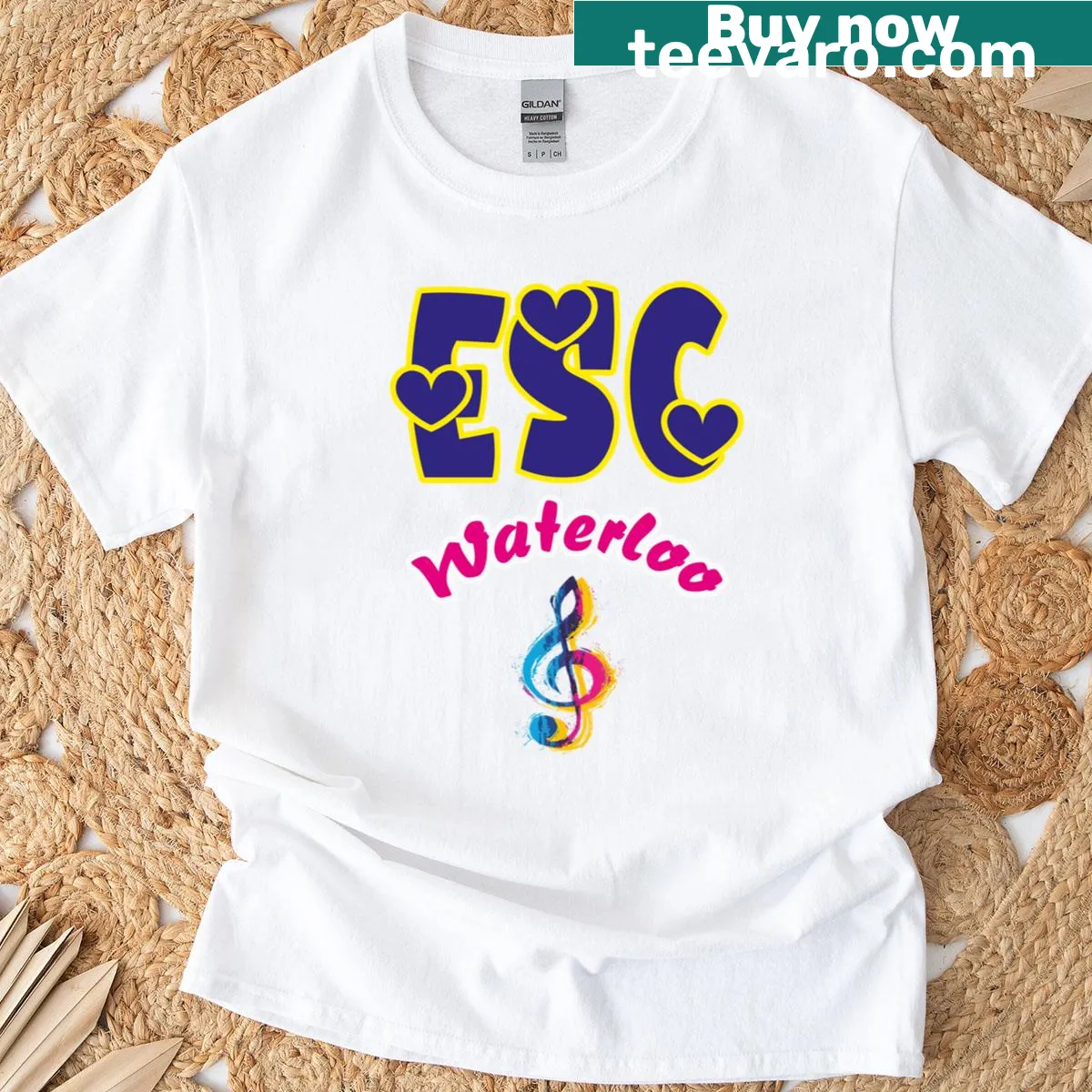 Eurovision Song Contest Waterloo themed t-shirt — on a men's t-shirt