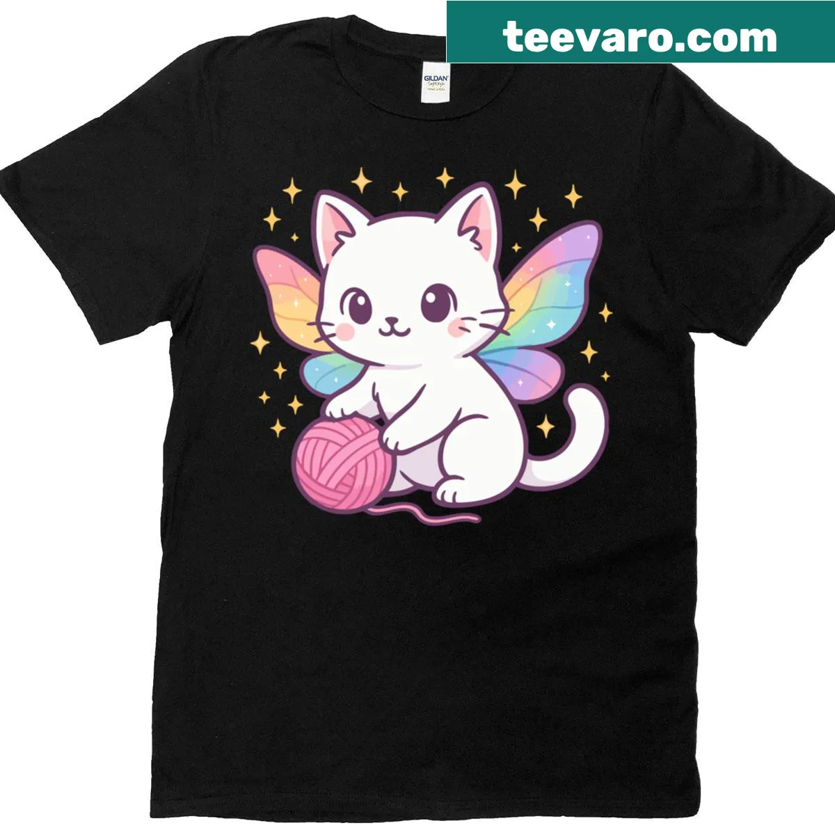 Kawaii fairy cat with knitting supplies on a t-shirt — on a men's t-shirt