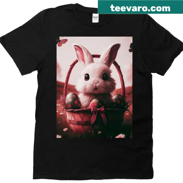 Cute Easter bunny in a basket with painted eggs graphic on a T-shirt