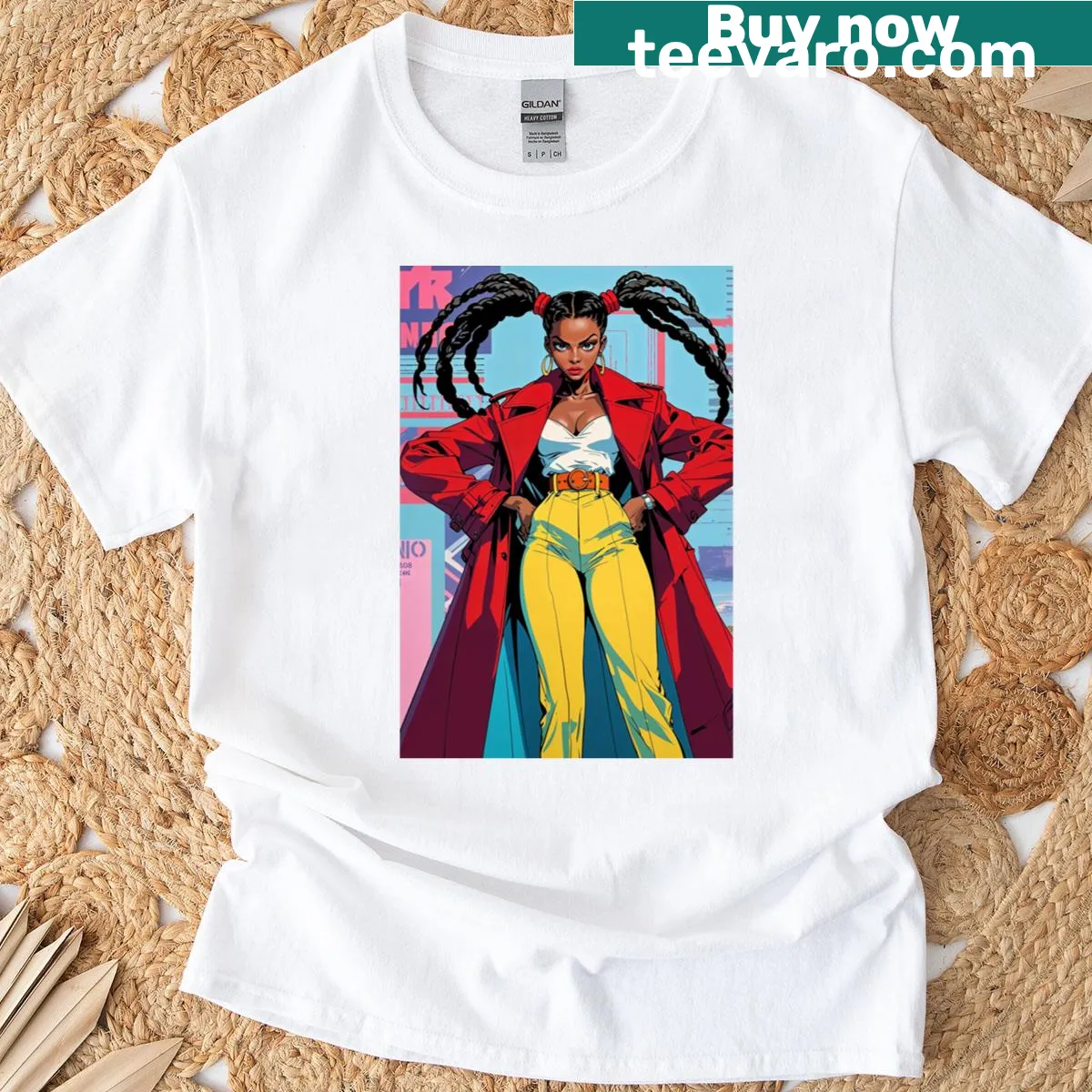 Premium T-shirt featuring an illustration of a black woman in futuristic fashion — on a men's t-shirt