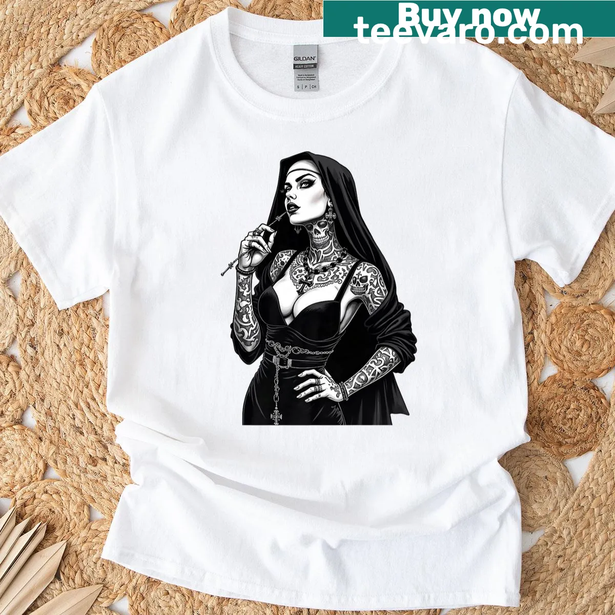 Inked nun graphic with snake and skull tattoos — on a men's t-shirt