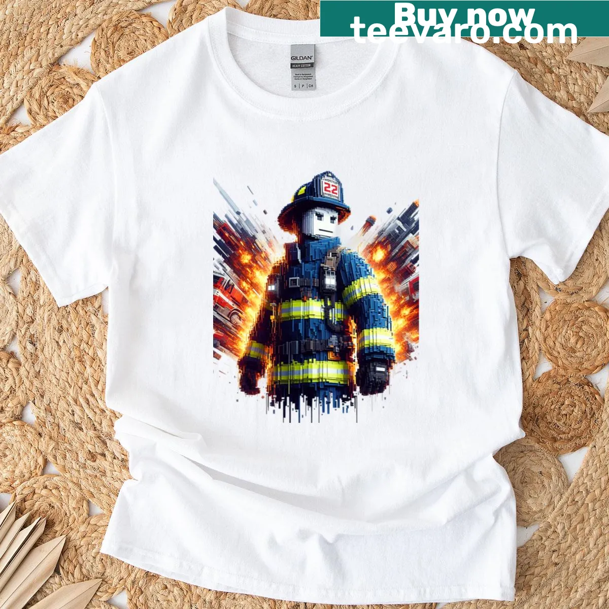 Minecraft firefighter character graphic on a kids' T-shirt — on a men's t-shirt