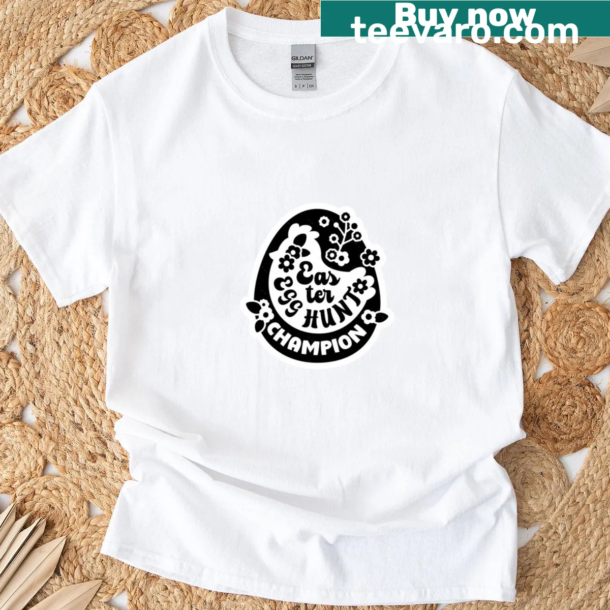 Humorous Egg Hunt Champion T-shirt with floral elements — on a men's t-shirt