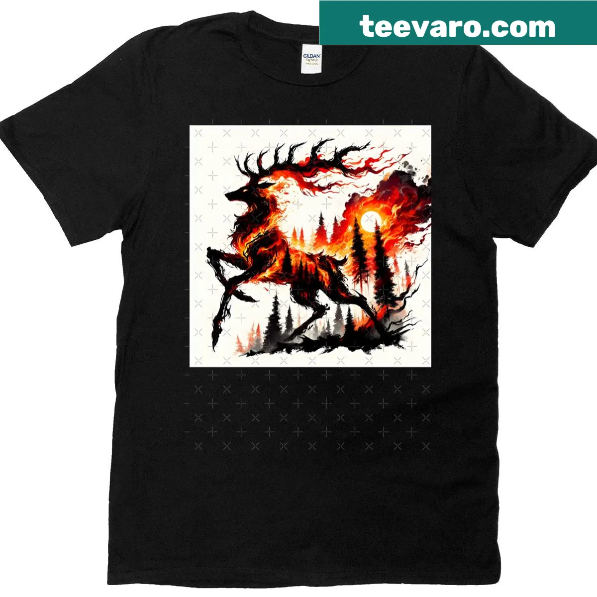 AI-generated art of a deer in forest fire on T-shirt — on a men's t-shirt