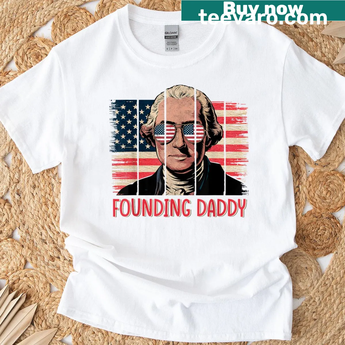 Fourth of July T-shirt with American flag and 'Founding Daddy Washington' text — on a men's t-shirt