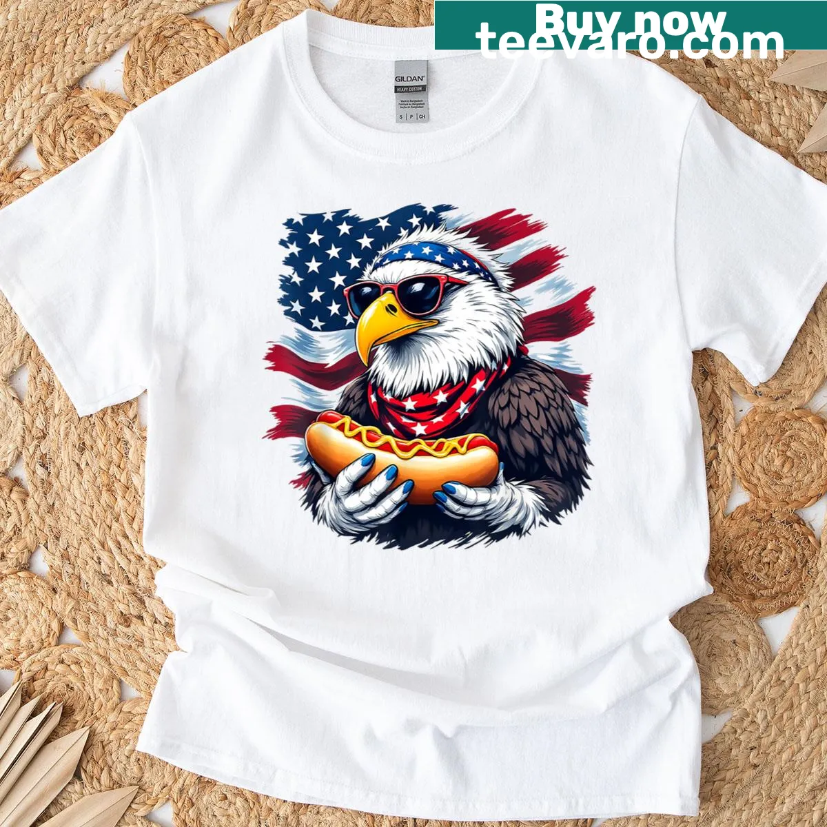 Bald eagle with hotdog and American flag graphic on T-shirt — on a men's t-shirt