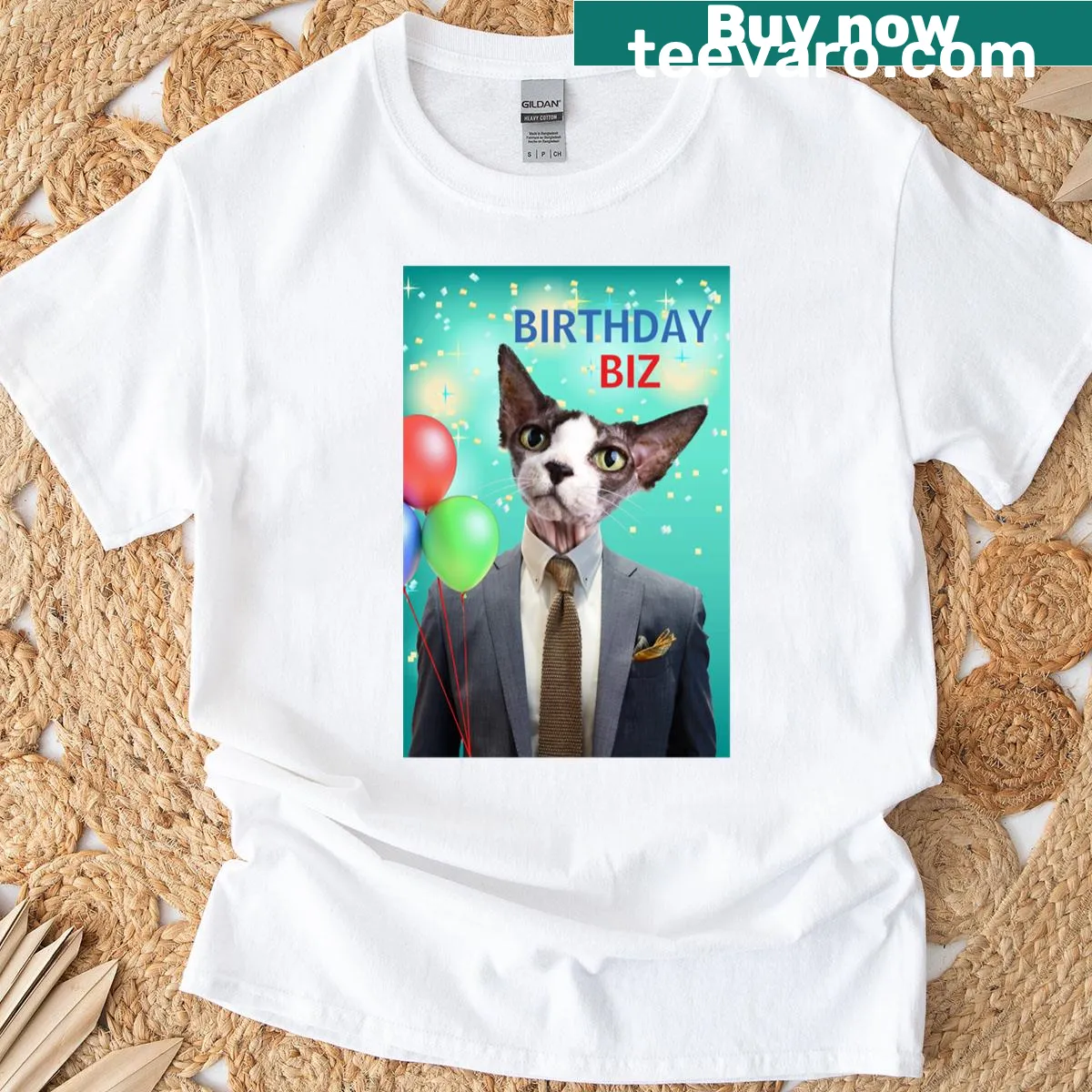 Cartoon cat in a suit on a Funny Birthday t-shirt — on a men's t-shirt