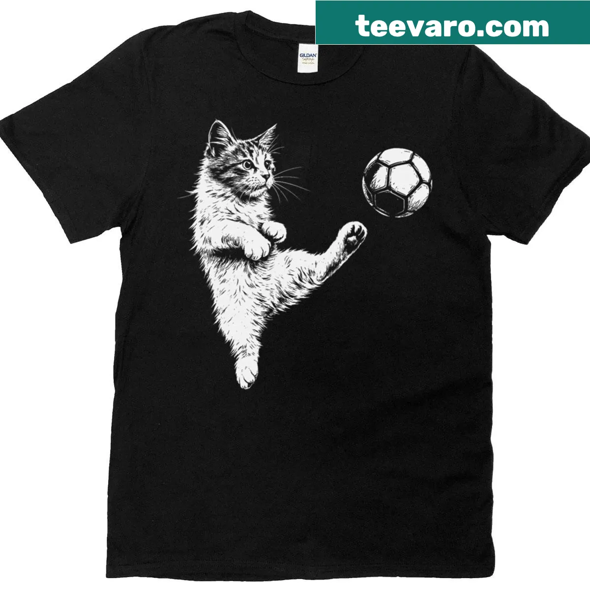 Cartoon cat playing soccer graphic on a T-shirt — on a men's t-shirt