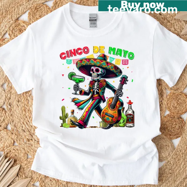 Skeleton with sombrero and guitar design on T-shirt