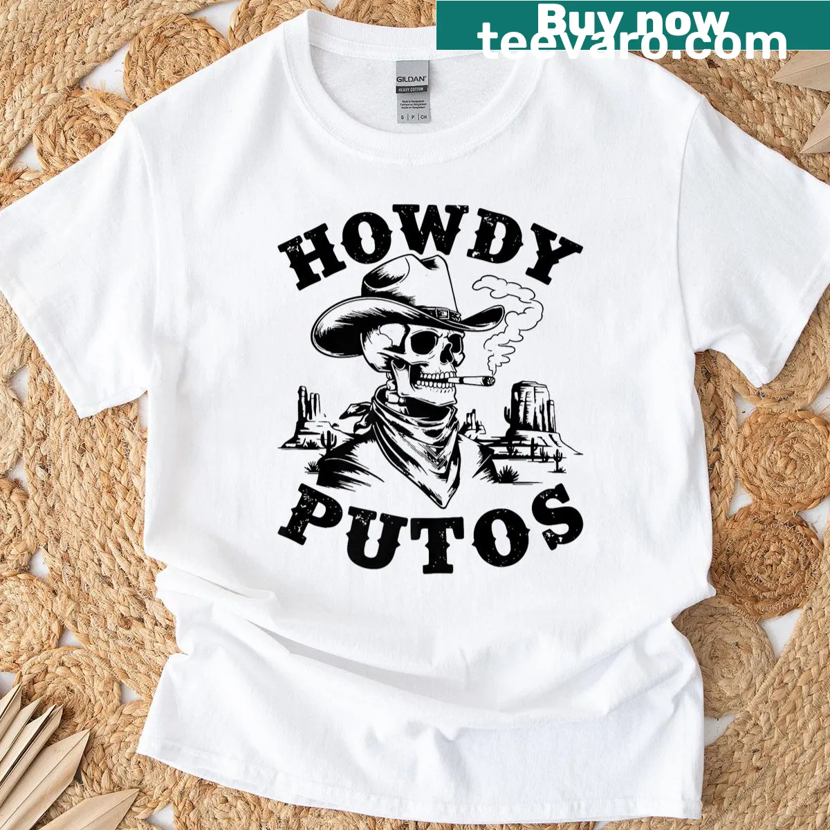 Vintage-style cowboy skull graphic T-shirt with Spanish slang text — on a men's t-shirt