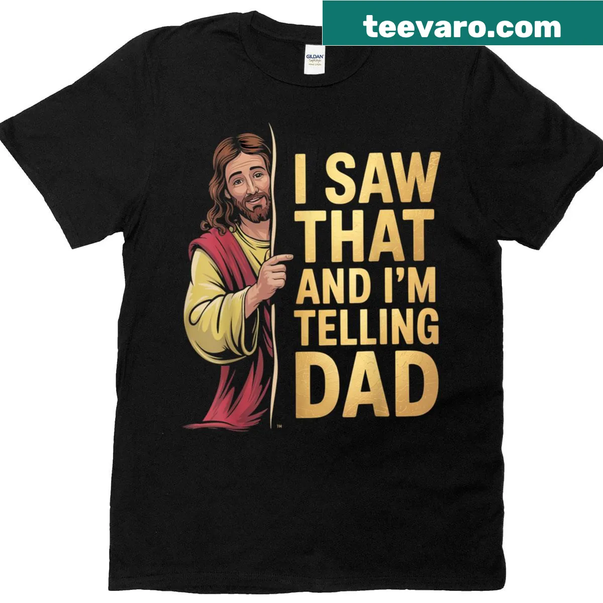 T-shirt featuring humorous religious quote about Jesus and dad — on a men's t-shirt