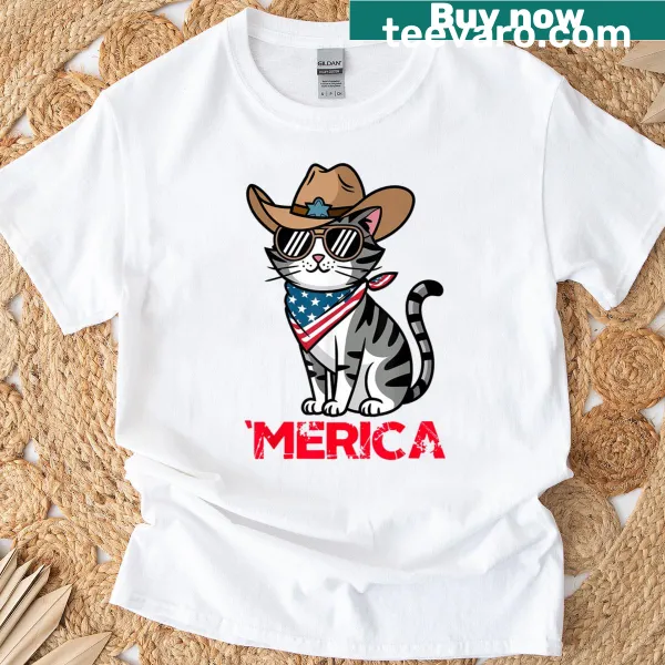 Cat with sunglasses and cowboy hat graphic on T-shirt