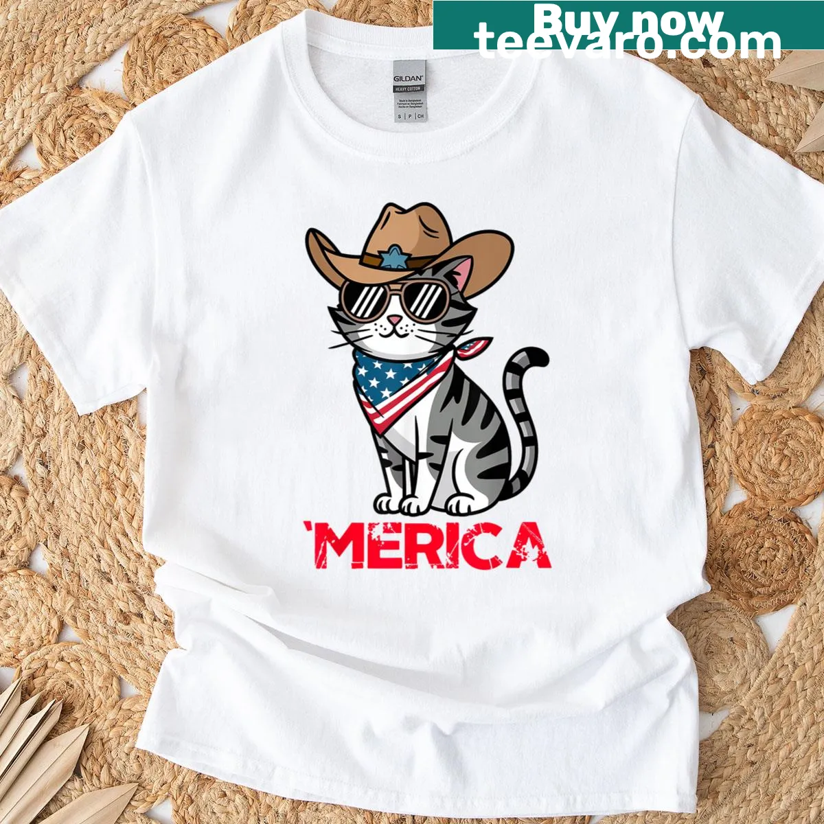 Cat with sunglasses and cowboy hat graphic on T-shirt — on a men's t-shirt