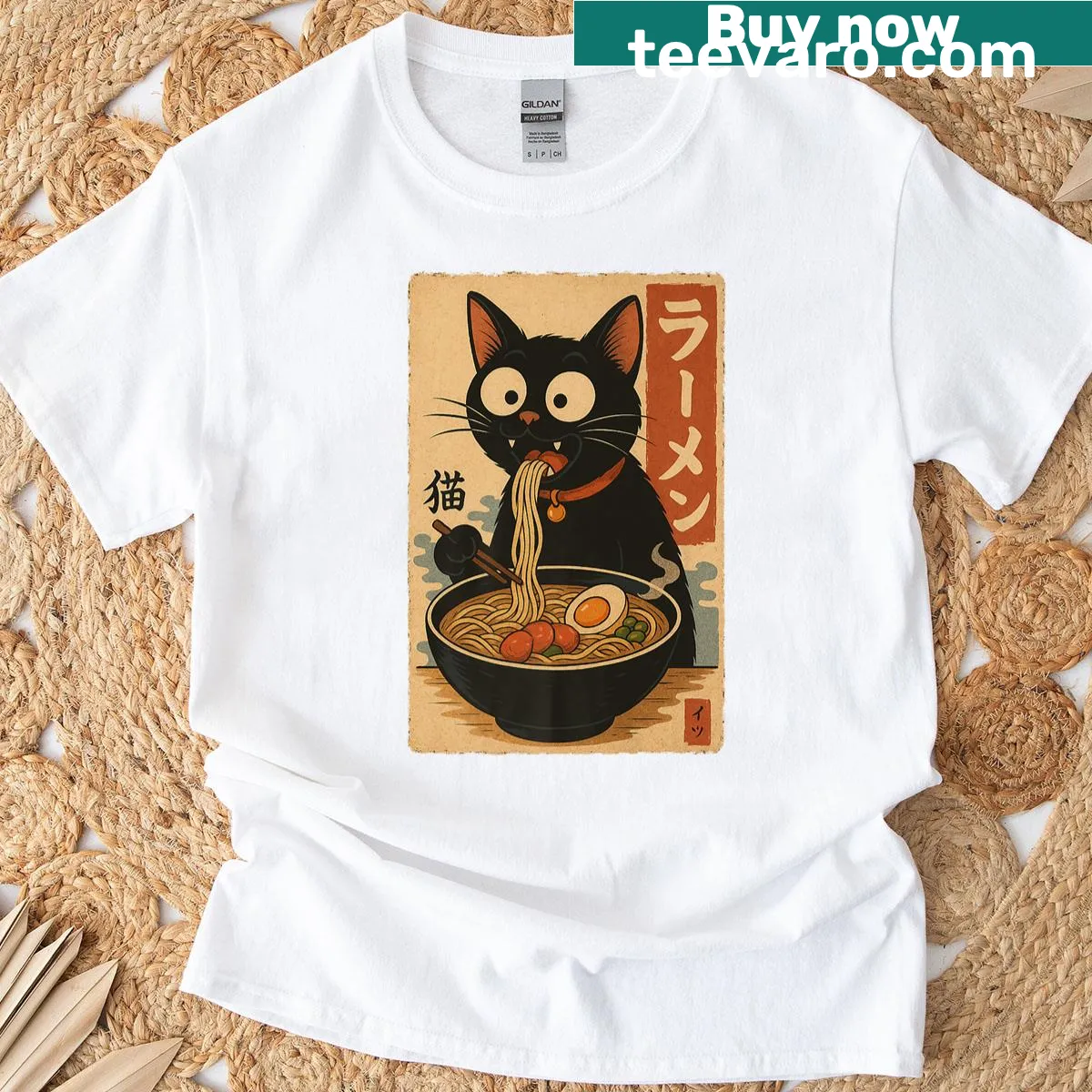 Cute ramen cat graphic on vintage-style T-shirt — on a men's t-shirt
