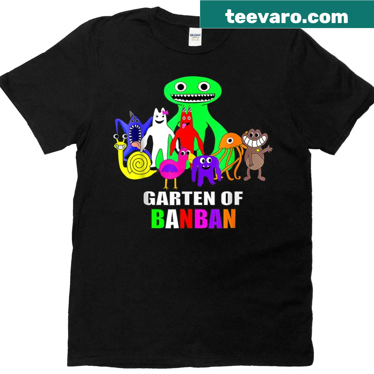 T-shirt featuring whimsical characters from Garten Of Banban — on a men's t-shirt