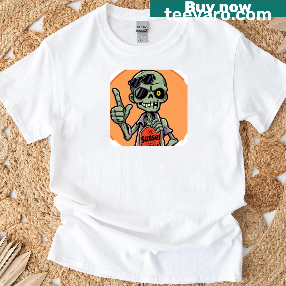 Graphic t-shirt featuring a ghoul character with Sunsen grill sauce theme — on a men's t-shirt