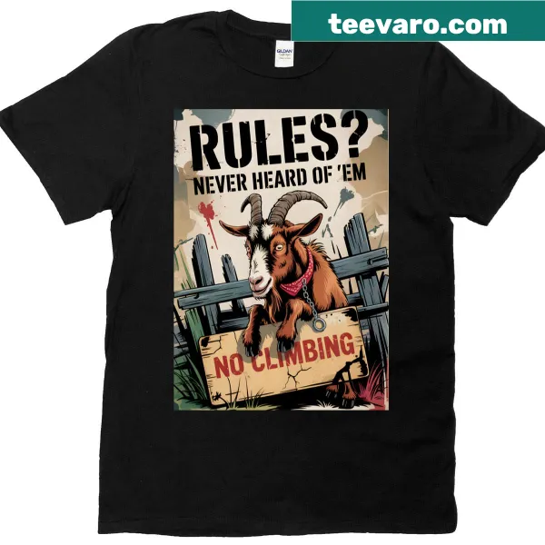 T-shirt featuring a bold graphic that says 'Goat Rules'