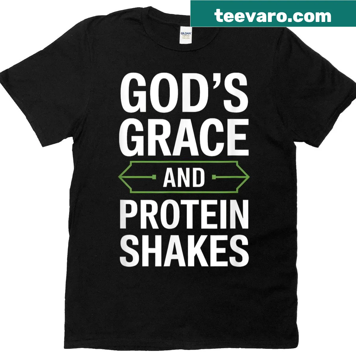 T-shirt with inspirational text 'God's Grace And Protein Shakes' — on a men's t-shirt
