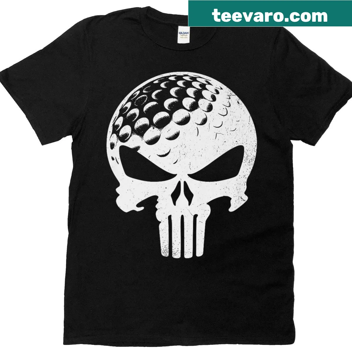 Vintage-style t-shirt with skull and golf ball graphic — on a men's t-shirt