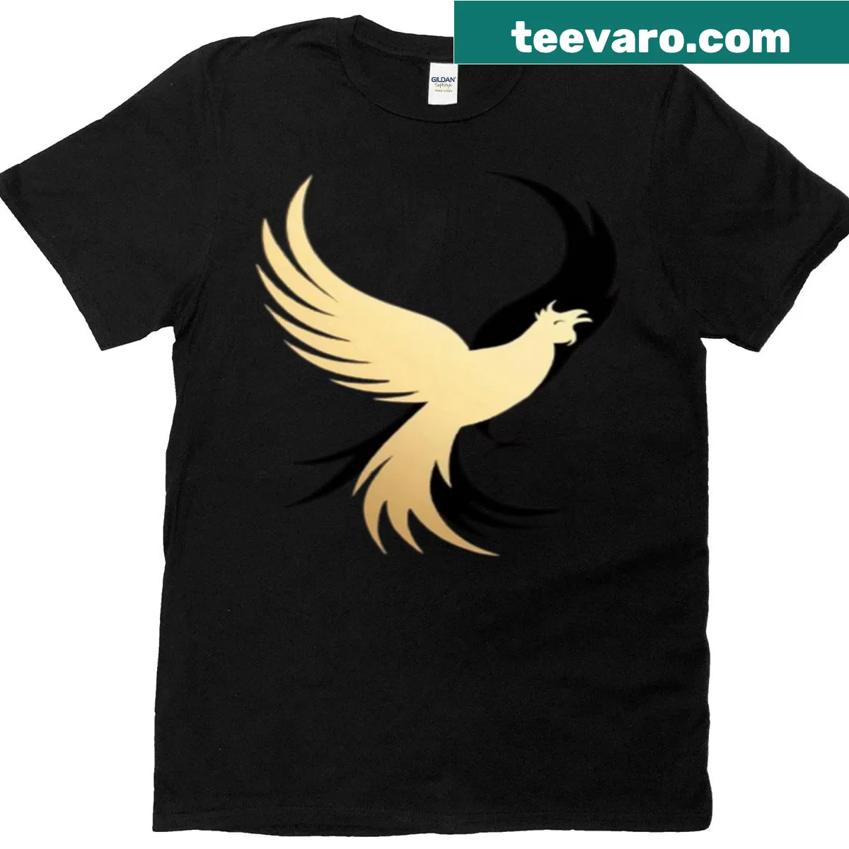 Illustration of a graceful phoenix in curved wing pose — on a men's t-shirt